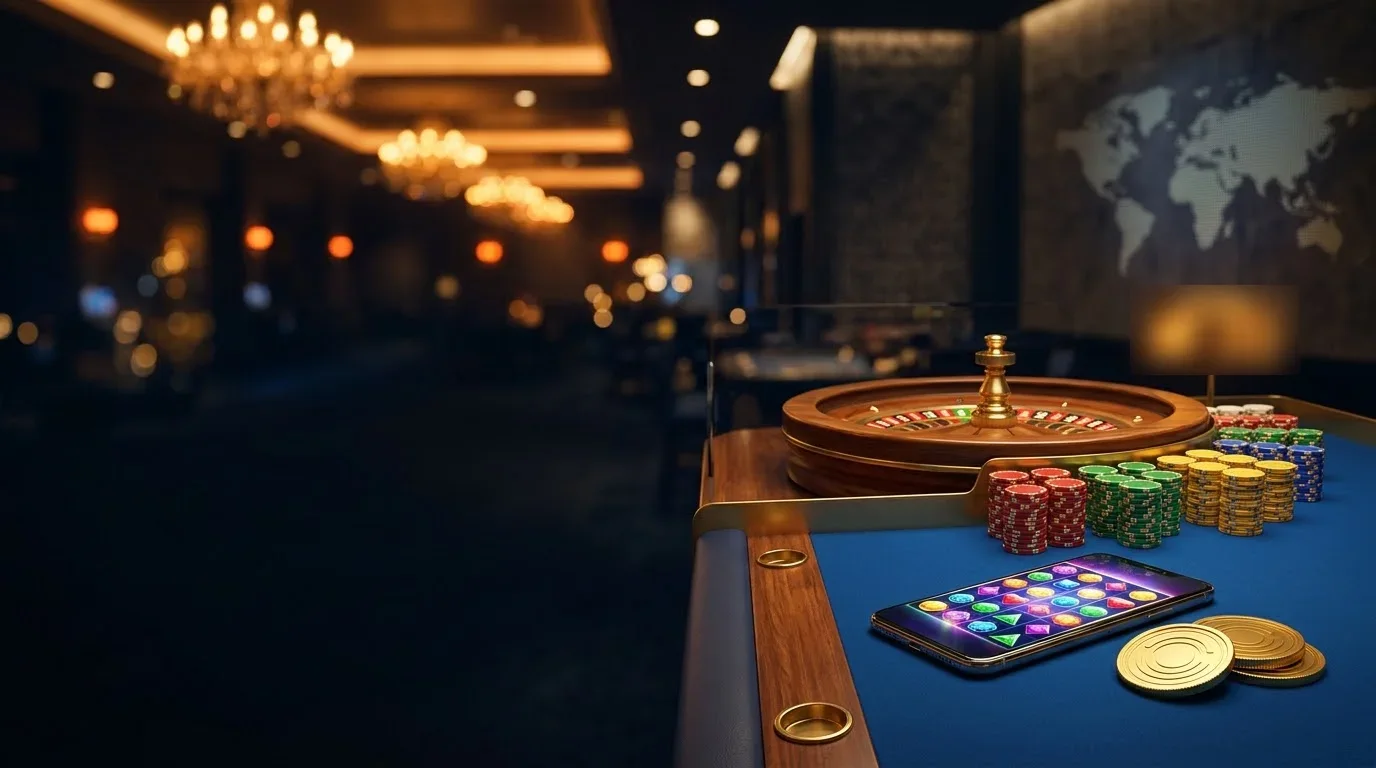 Ruleta, žetony a telefon s lobby casina na tmavě modrém pozadí